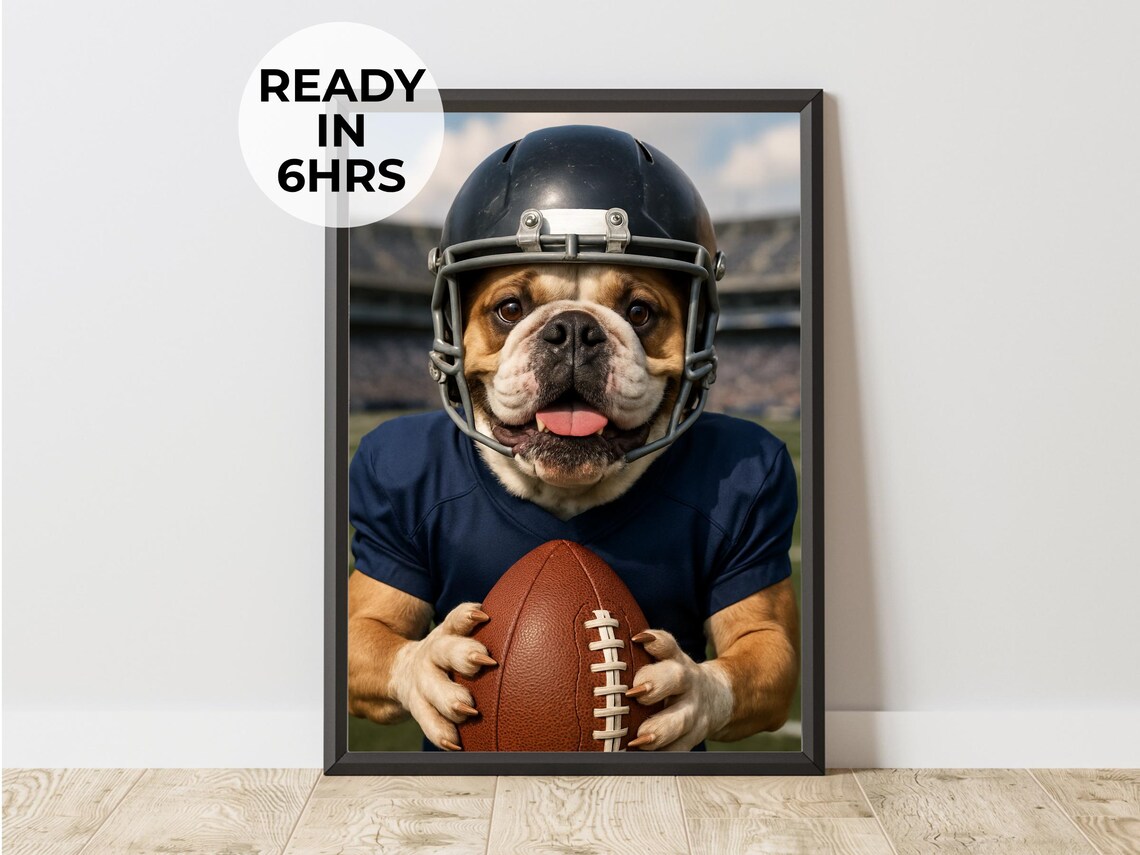 Custom Football Bulldog Dog Portrait Funny American Sports Pet Art Poster