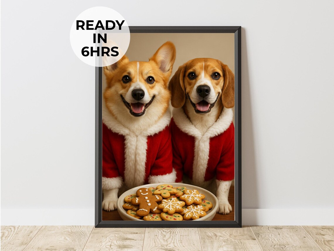 Corgi and Beagle in Santa Coats With Christmas Cookies Duo Poster
