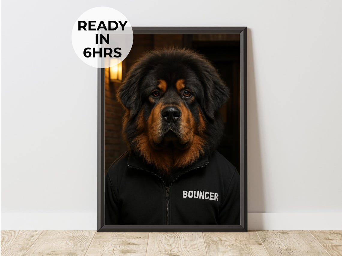 Tibetan Mastiff in Bouncer Jacket Funny Custom Pet Portrait Print
