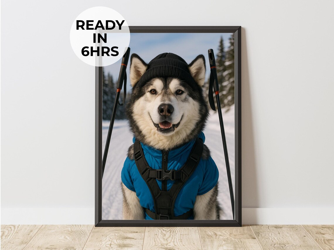 Siberian Husky Cross Country Skier Winter Beanie Funny Dog Print