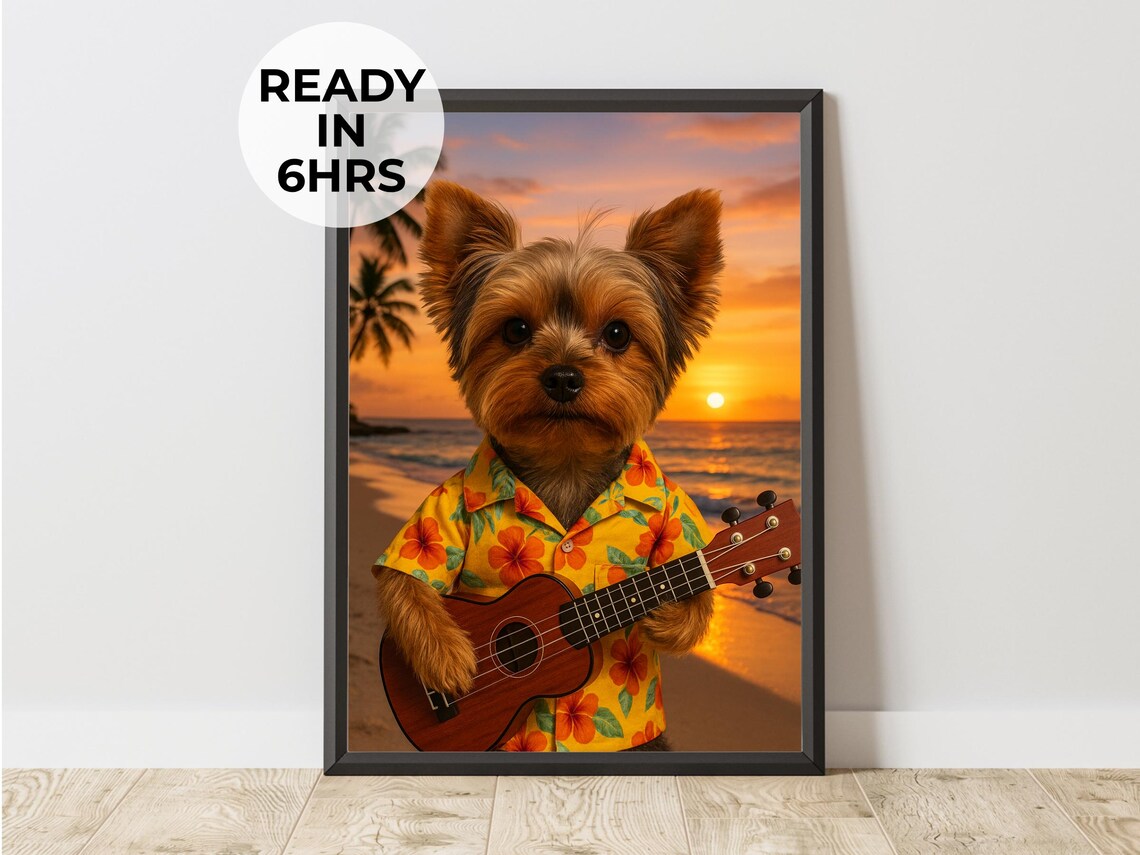 Custom Hawaiian Pet Portrait, Beach Gift Art Print