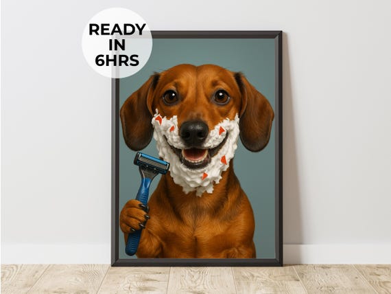 Funny Shaving Dog Art Custom Pet Portrait Bathroom Decor