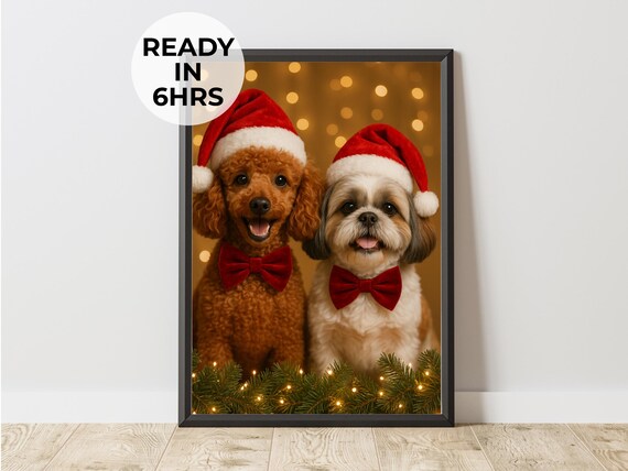 Cute Two Dogs In Santa Hats Christmas Portrait Holiday Art Poster
