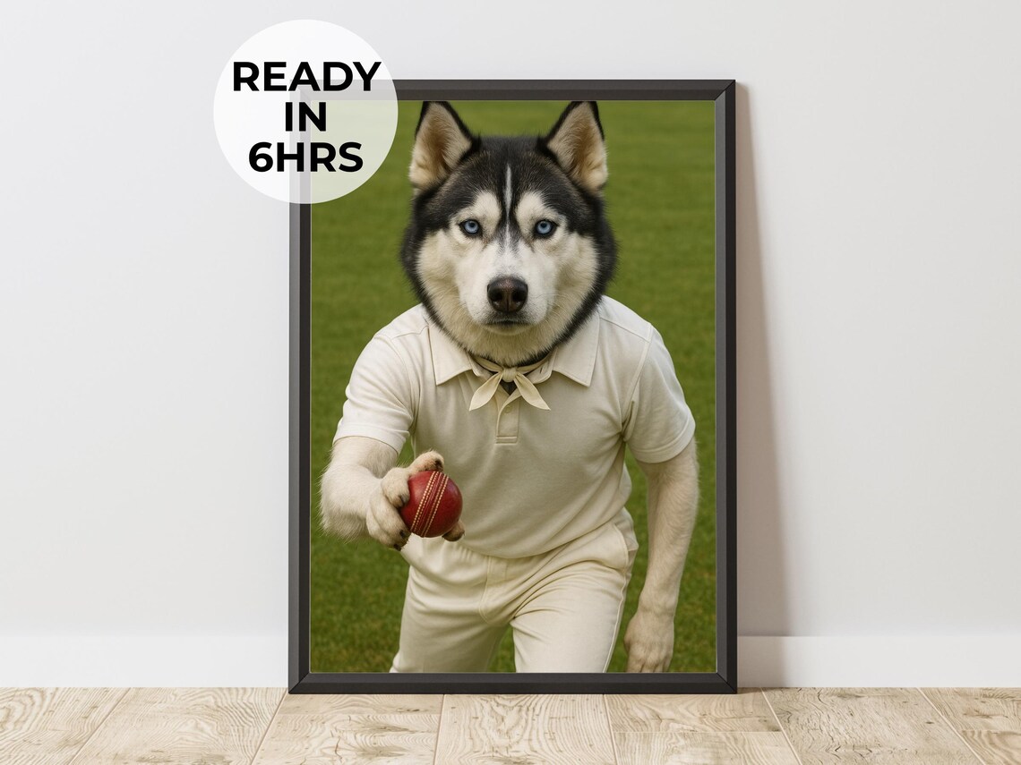 Funny Siberian Husky Cricket Player White Uniform Sports Portrait Poster