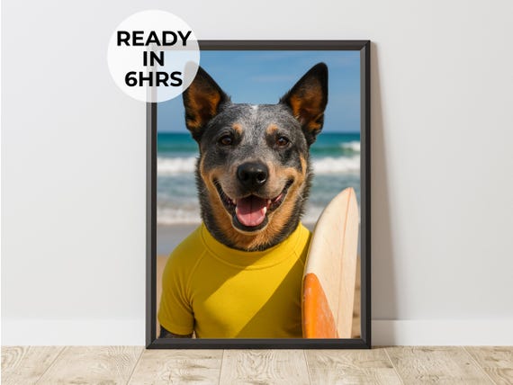 Surfer Pet Portrait Funny Dog Cat Beach Art Unique Ocean Gift Artwork