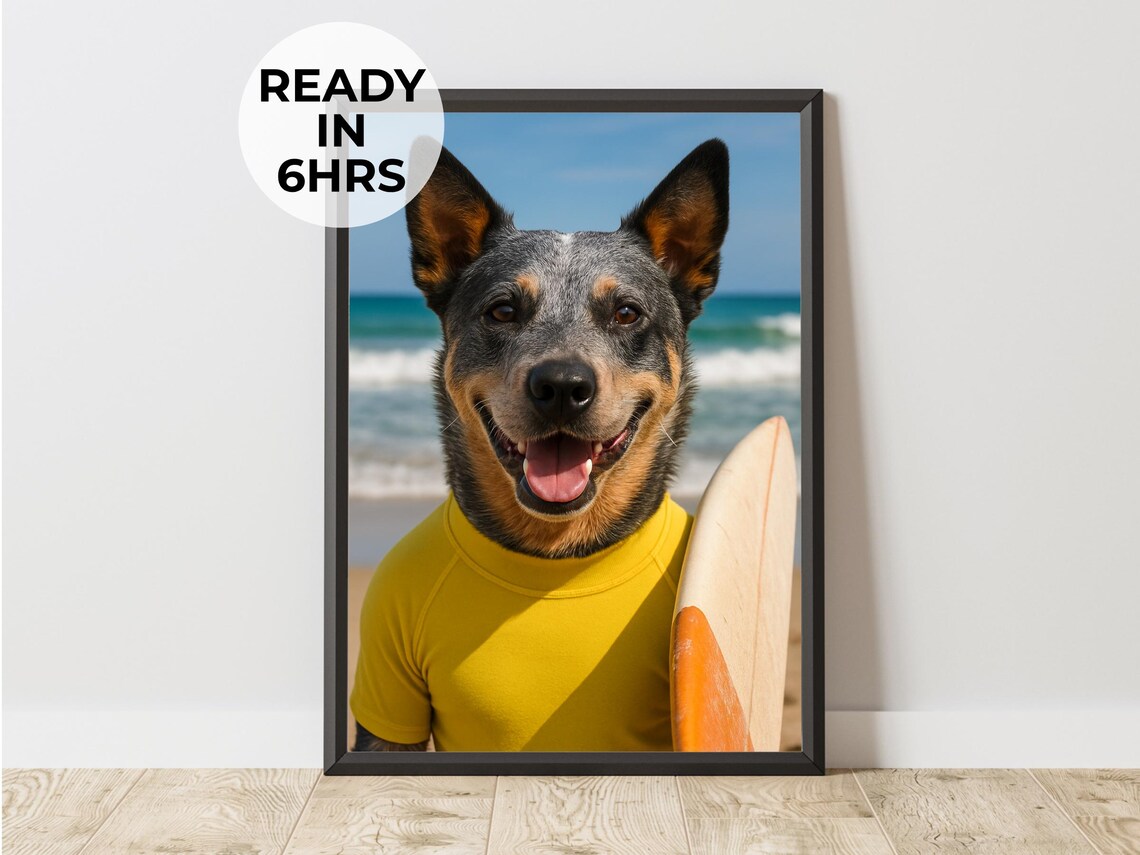 Australian Cattle Dog Surfer Yellow Rash Guard Beach Funny Pet Art Poster