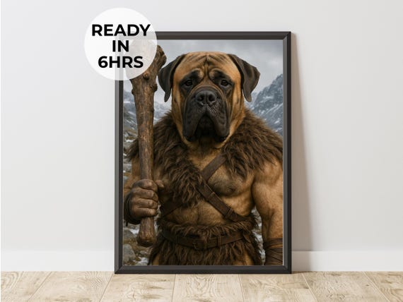 Custom Caveman Pet Portrait Funny Warrior Dog Art