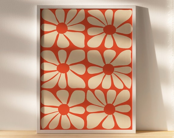 Orange Boho Mid Century Wavy Flower Pattern Poster