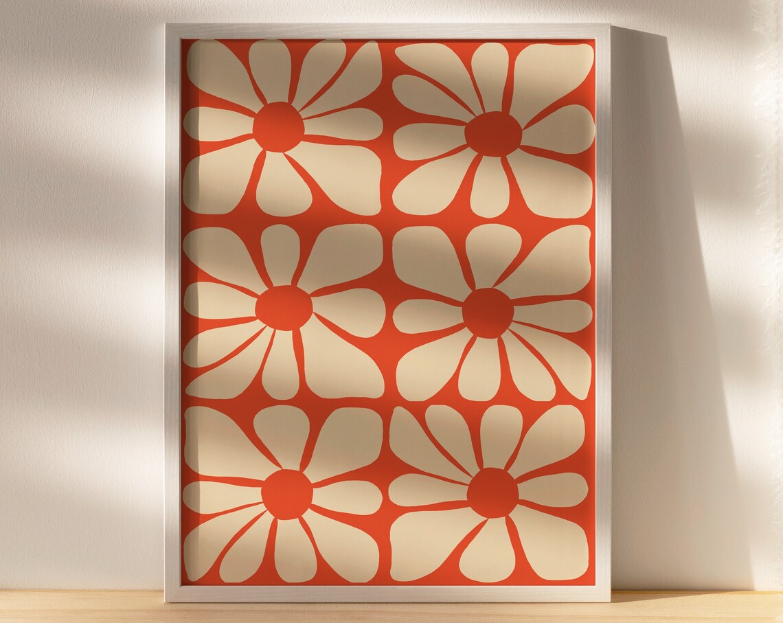 Orange Boho Mid Century Wavy Flower Pattern Poster