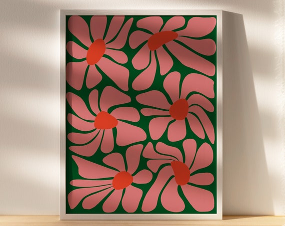 Tropical Boho Flower Poster Wall Art Funky Plant Lover Botanicals Pink Green And Orange Design Instant