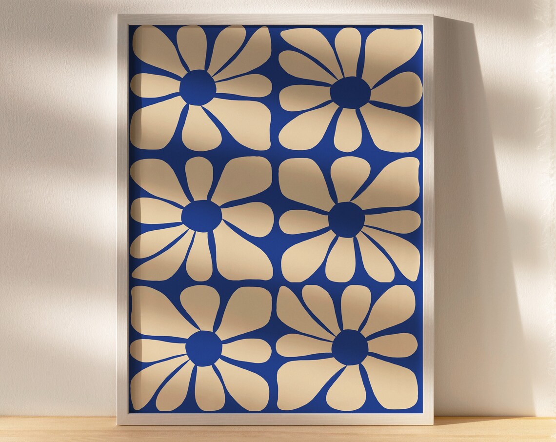 Blue Mid Century Wavy Flower Pattern Art Print