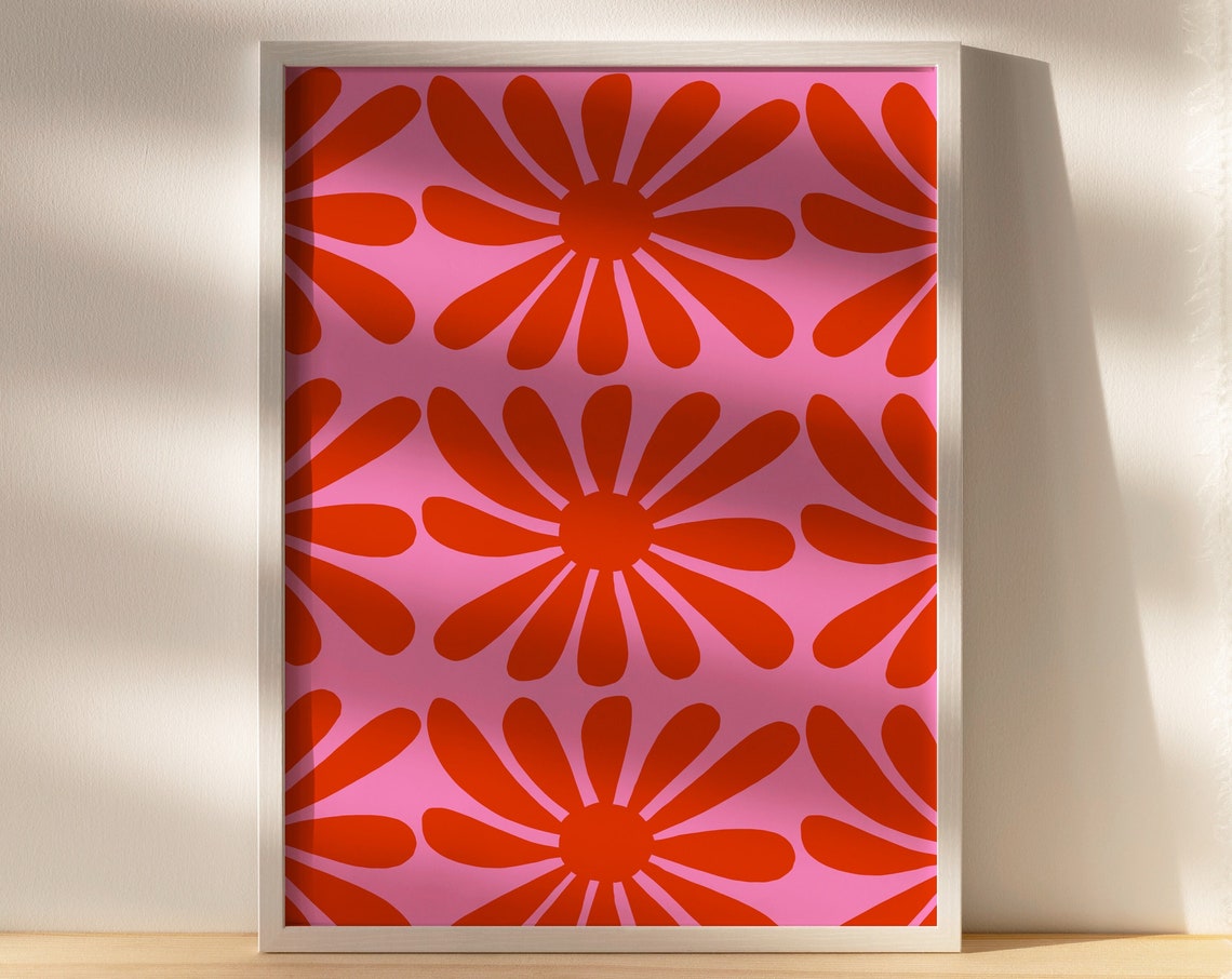 Red Orange Daisy Pattern on Hot Pink Retro Floral Grid Poster