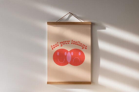 Vivid Feel Your Feelings Poster Y2k Wall Art Boho Home Decor Beige Orange Pink Typography Art Smile And Frown Face