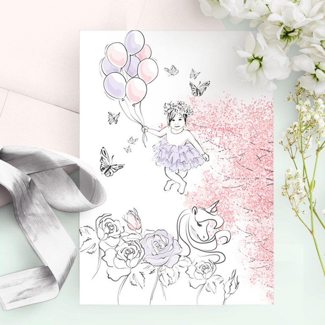 Unicorn Tea Party Birthday Invitation, Child Portrait