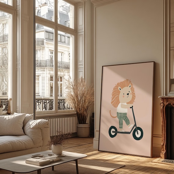 Cute Lion Riding Scooter Blush Pink Kids Nursery Wall Poster