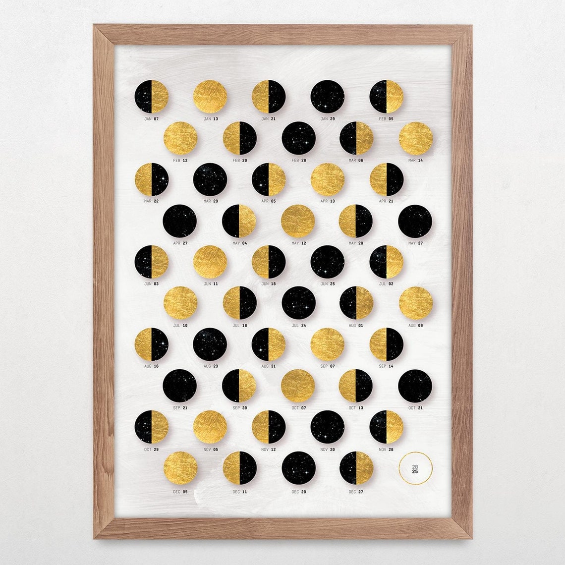 2025 Moon Phases Chart Gold and Black Celestial Lunar Cycle Poster