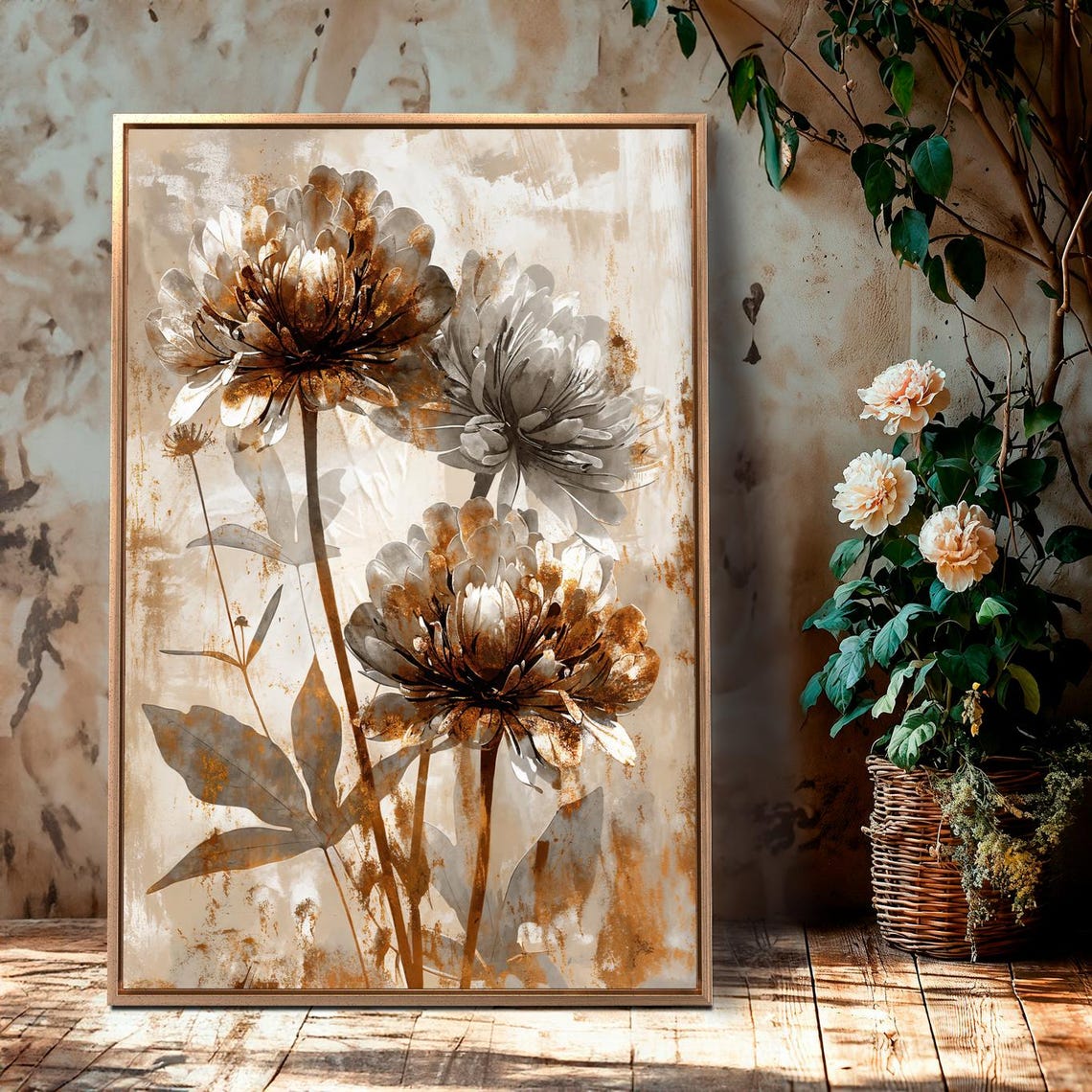 Golden Rustic Floral Beige Brown Botanical Painting Art Poster - Image 4