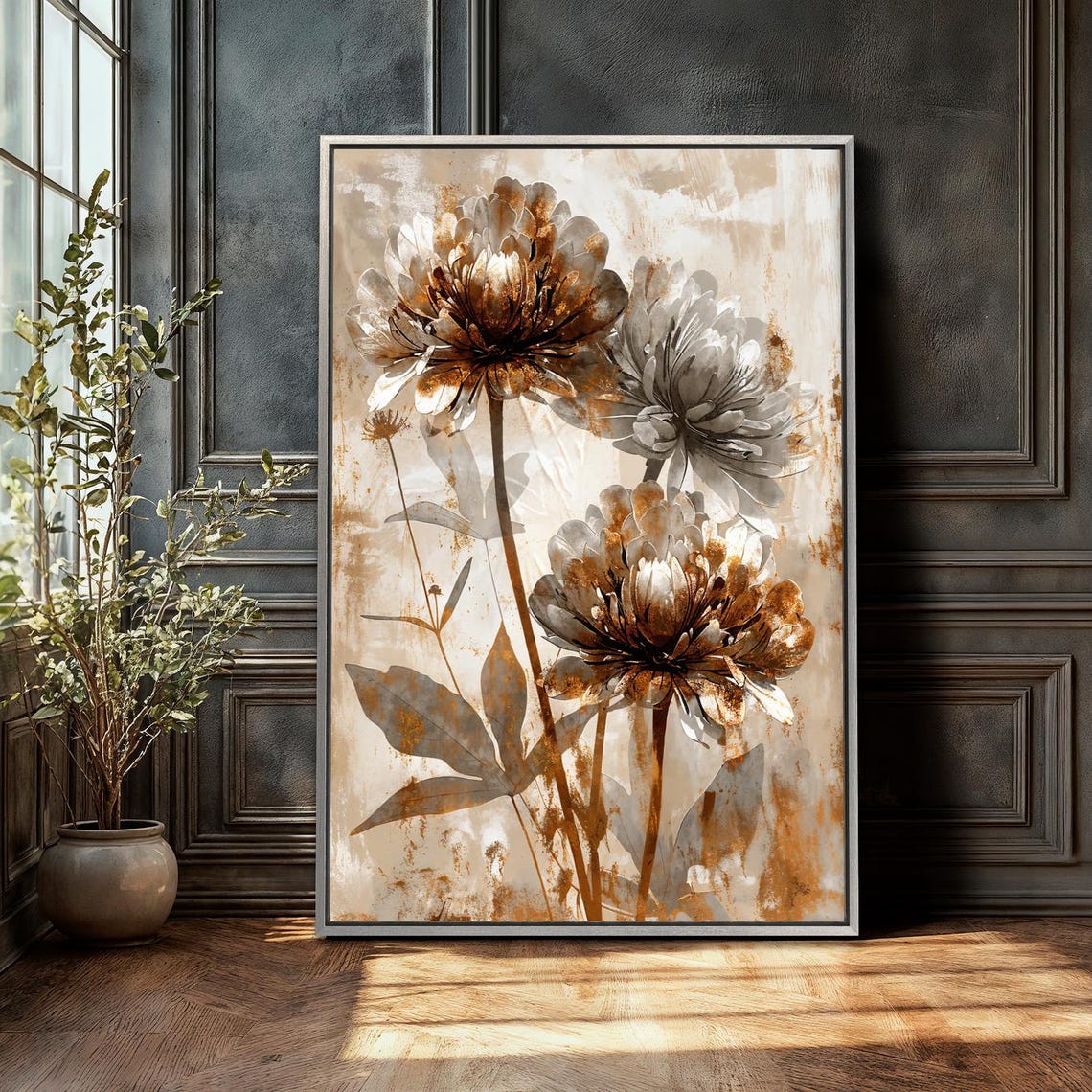 Golden Rustic Floral Beige Brown Botanical Painting Art Poster - Image 3