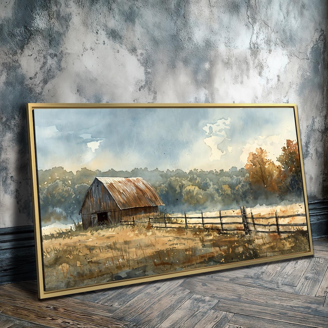 Country Barn in Field Rustic Autumn Landscape Art Print