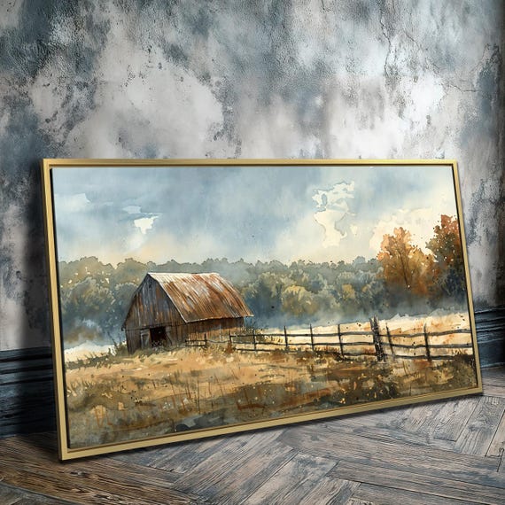 Country Barn in Field Rustic Autumn Landscape Art Print