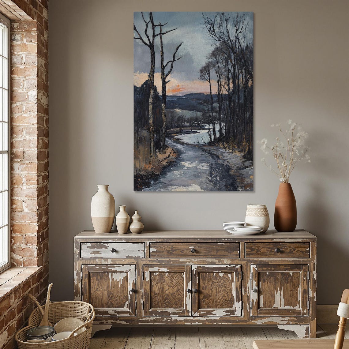 Rustic Winter Bare Trees Frozen Stream Sunset Painting Poster