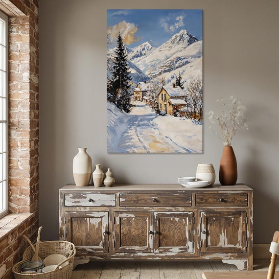 Rustic Winter Landscape Framed Canvas Print Snowy Village Mountain Retreat Painting Tranquil Scene Art Lodge Decor Ready To Hang