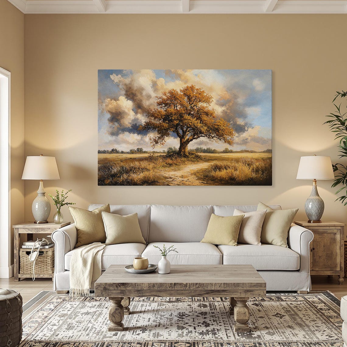 Golden Autumn Oak Tree Standing in a Rustic Countryside Field Poster
