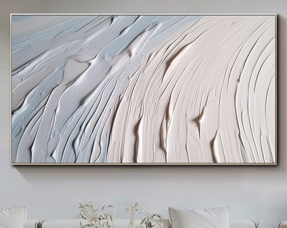 Blue To White Swirl Wave Texture Horizontal Abstract Painting Poster
