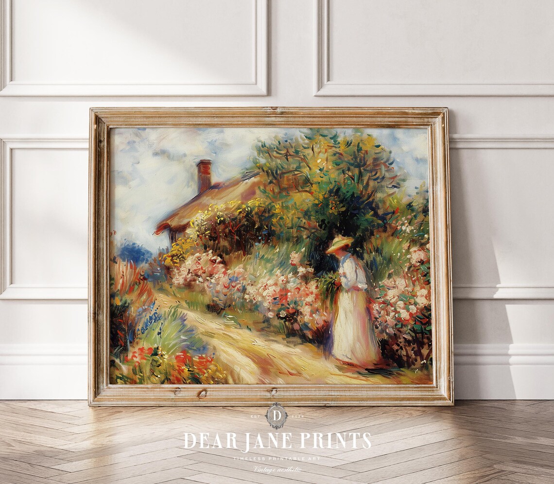 Woman in Straw Hat Walking Flower Garden Cottage Path Vintage Poster