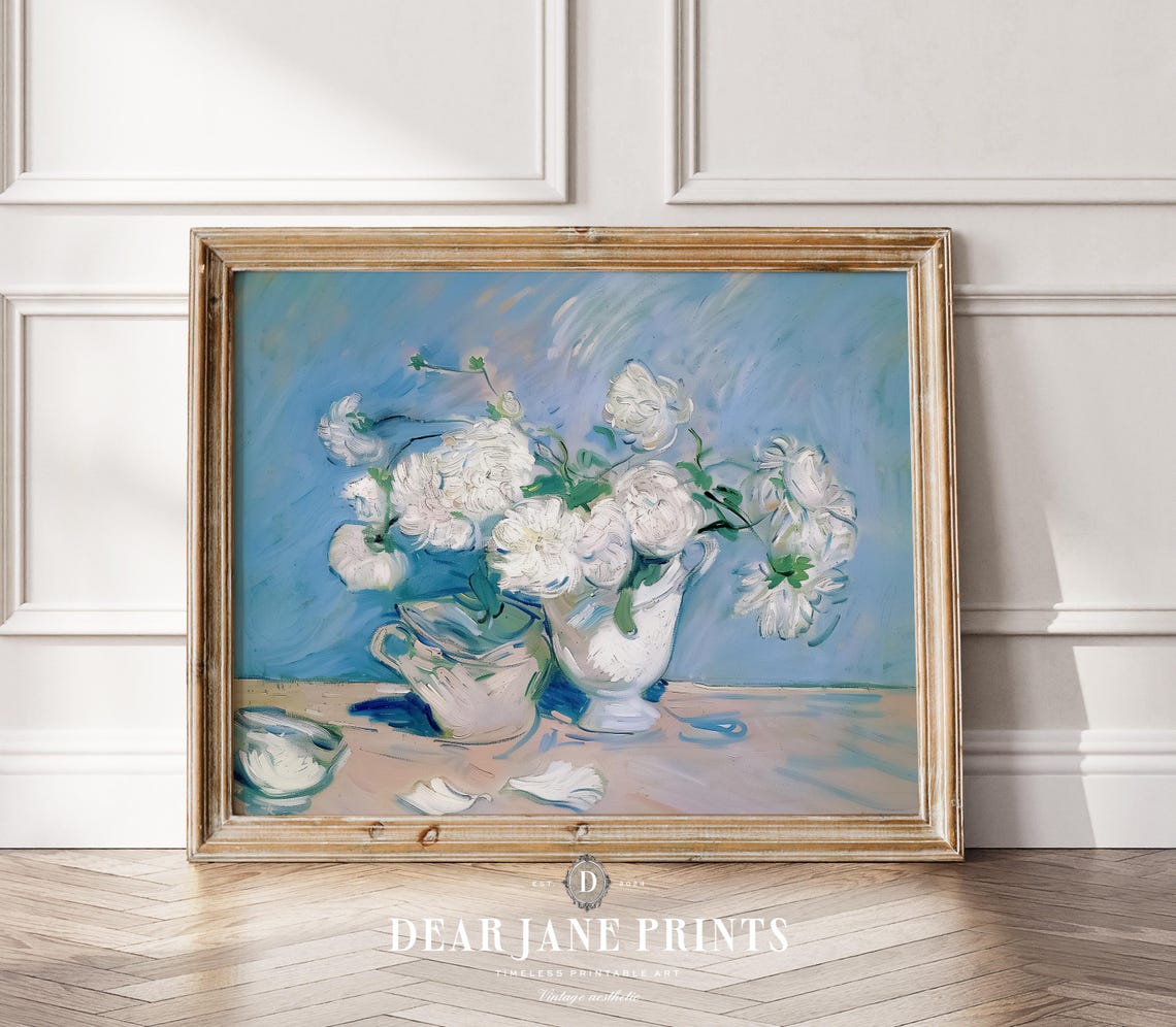White Roses in Ceramic Vase on Soft Blue Still Life Floral Print - Image 2