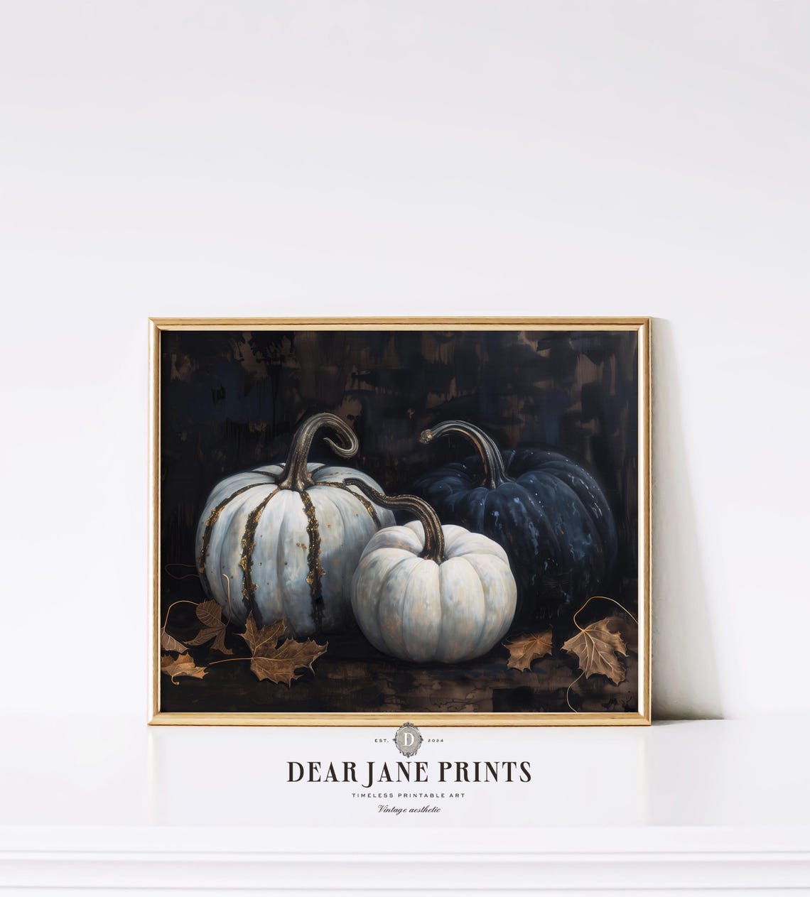 Blue and White Pumpkins Autumn Still Life Moody Fall Decor Wall Art - Image 2