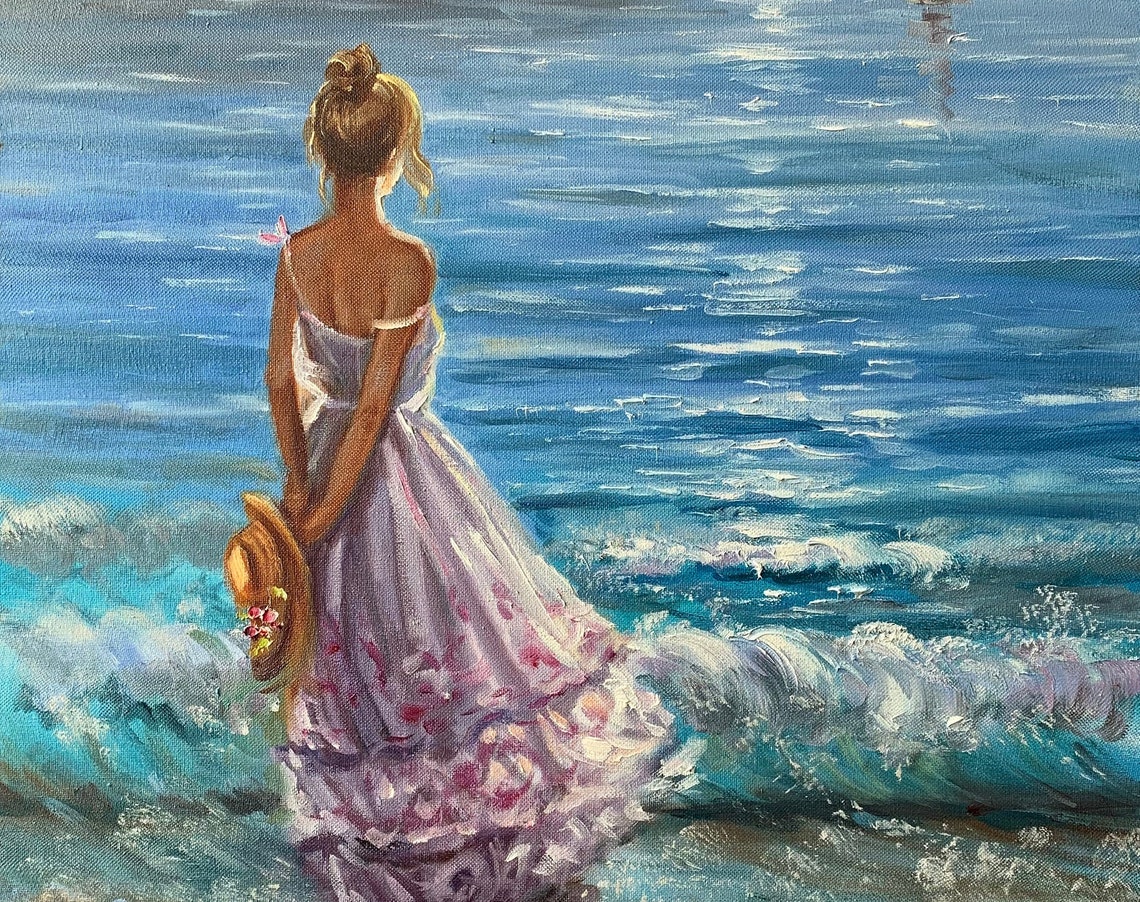 Beach Girl Oil Painting Woman By The Ocean Wall Art Romantic Gift For Her Blue Sea Painting California Beach Wall Art Seashore Art Decor