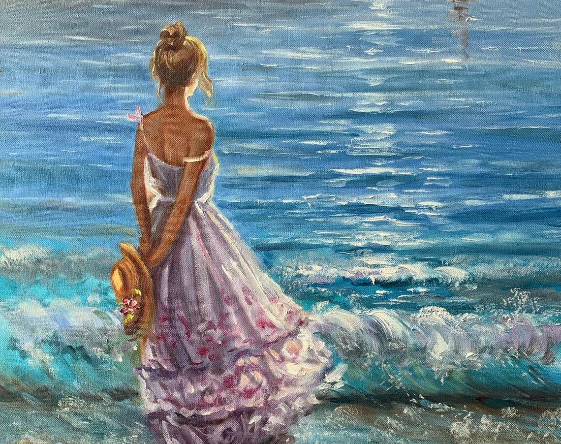 Woman In Lavender Dress By The Ocean Waves Romantic Beach Art Poster