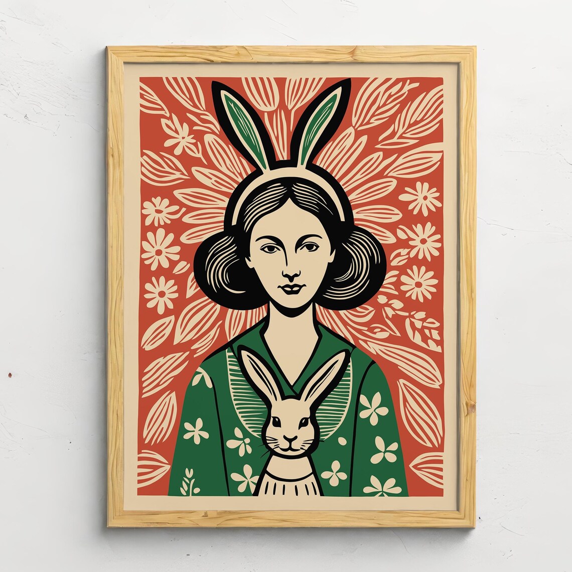 Whimsical Bunny Girl Vintage Linocut Style Animal Illustration Poster