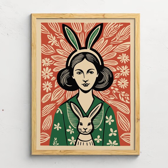 Funny Bunny Poster Retro Whimsical Art Print Nature Wall Decor Green Bunny Illustration Easter Home Decor Farmhouse Wall Decor