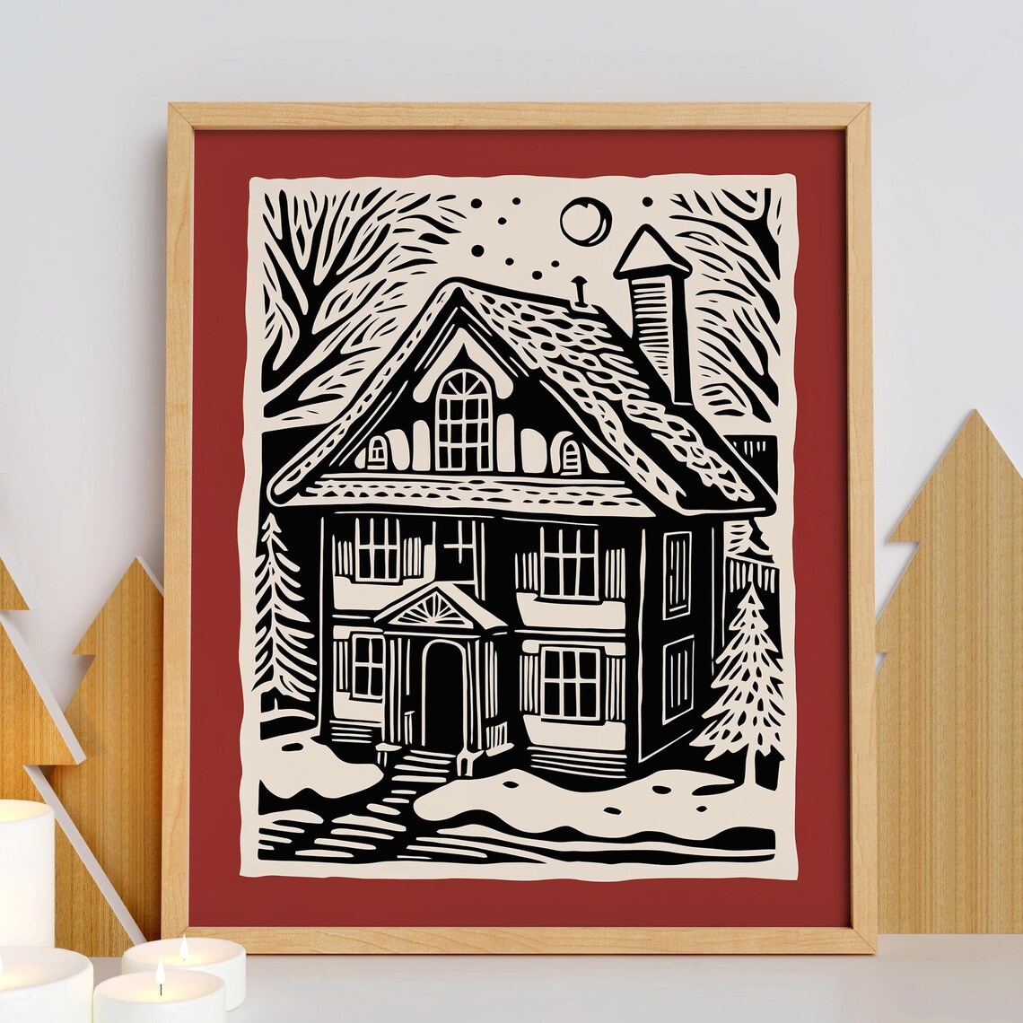 Snowy Winter House Linocut Cozy Cottage Woodcut Holiday Style Poster
