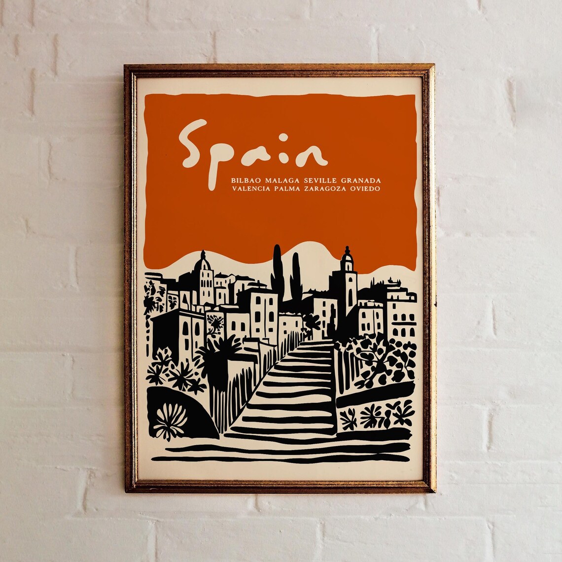 Spain Terracotta Hill Town Valencia Seville Stairs Travel Poster