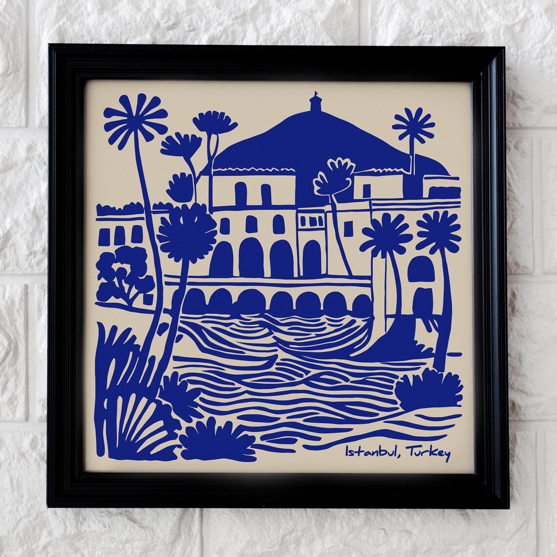 Istanbul Turkey Blue Ink Waterfront Buildings Travel Art Poster