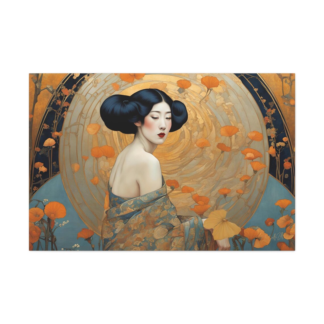 Art Nouveau Geisha Golden Halo Orange Blossom Elegant Portrait Poster - Image 2
