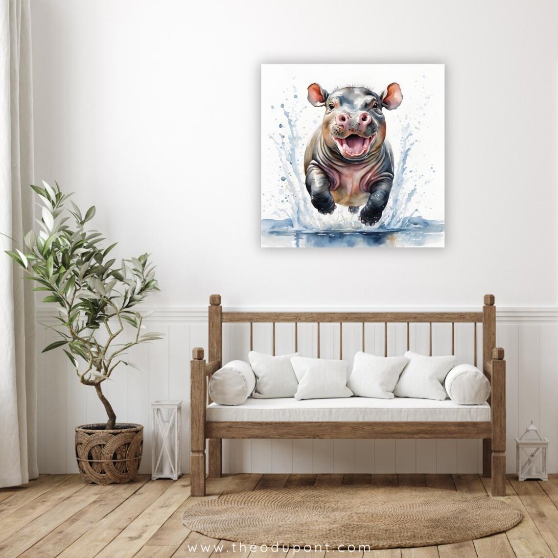 Baby Pygmy Hippo Jumping Out of Water Splash Watercolor Art Poster - Image 3