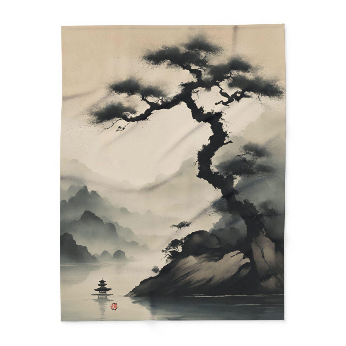 Twisted Pine Misty Lake Japanese Ink Wash Mountain Landscape Art Print