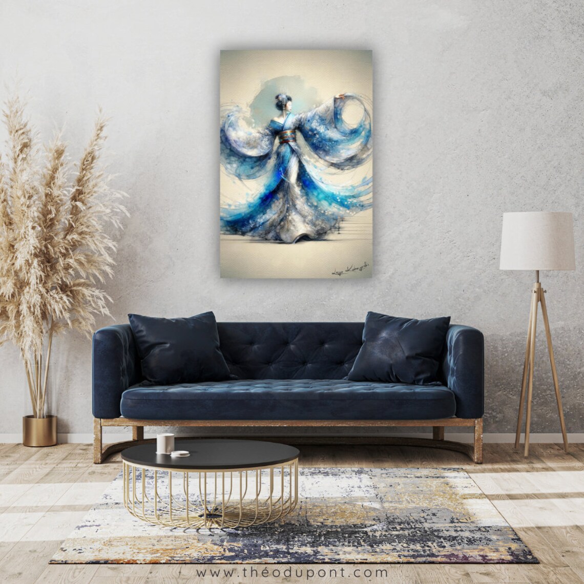Japanese Geisha Blue Wave Kimono Dancer Watercolor Ink Painting Poster - Image 2