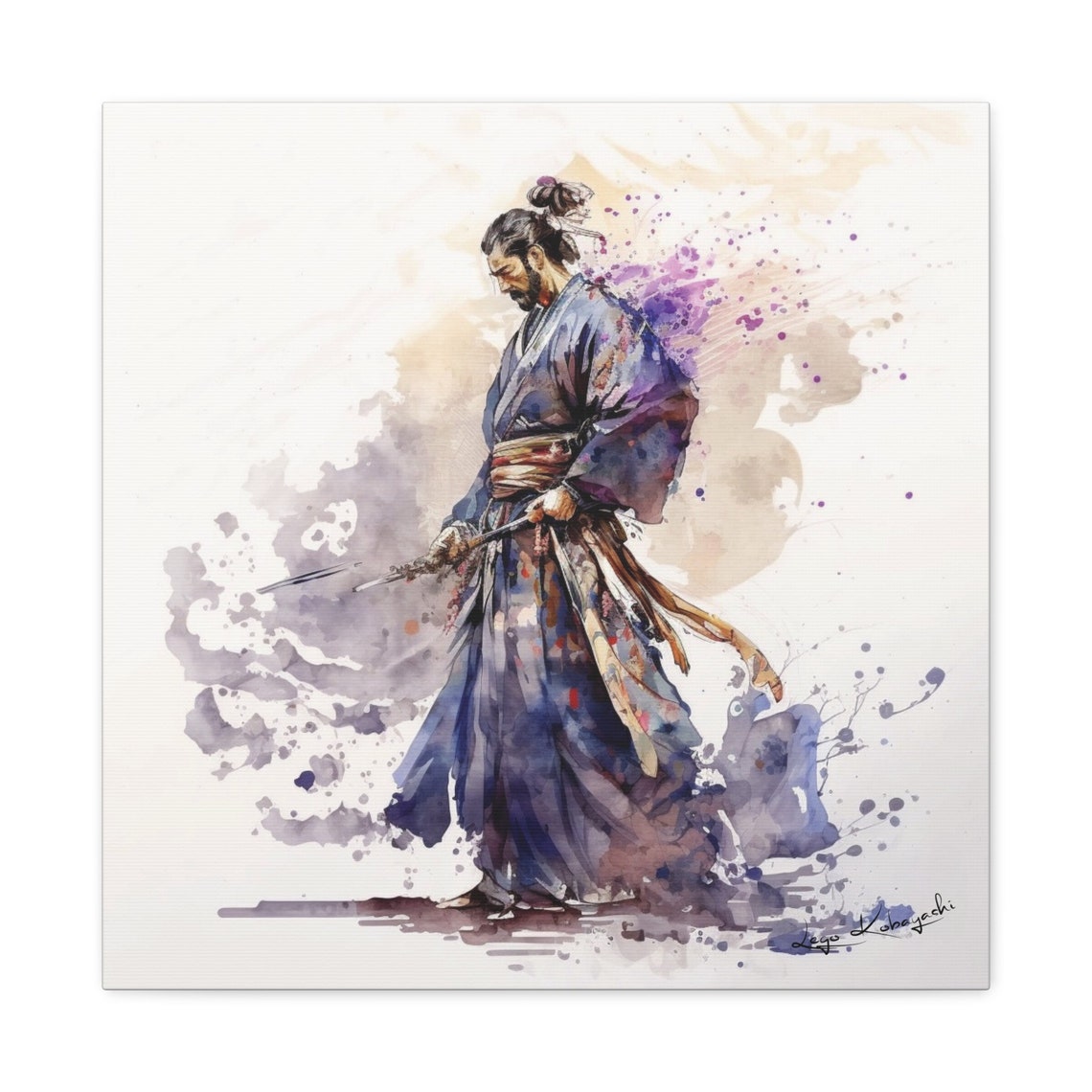 Japanese Samurai Warrior Drawn Katana Blue Kimono Watercolor Poster - Image 2
