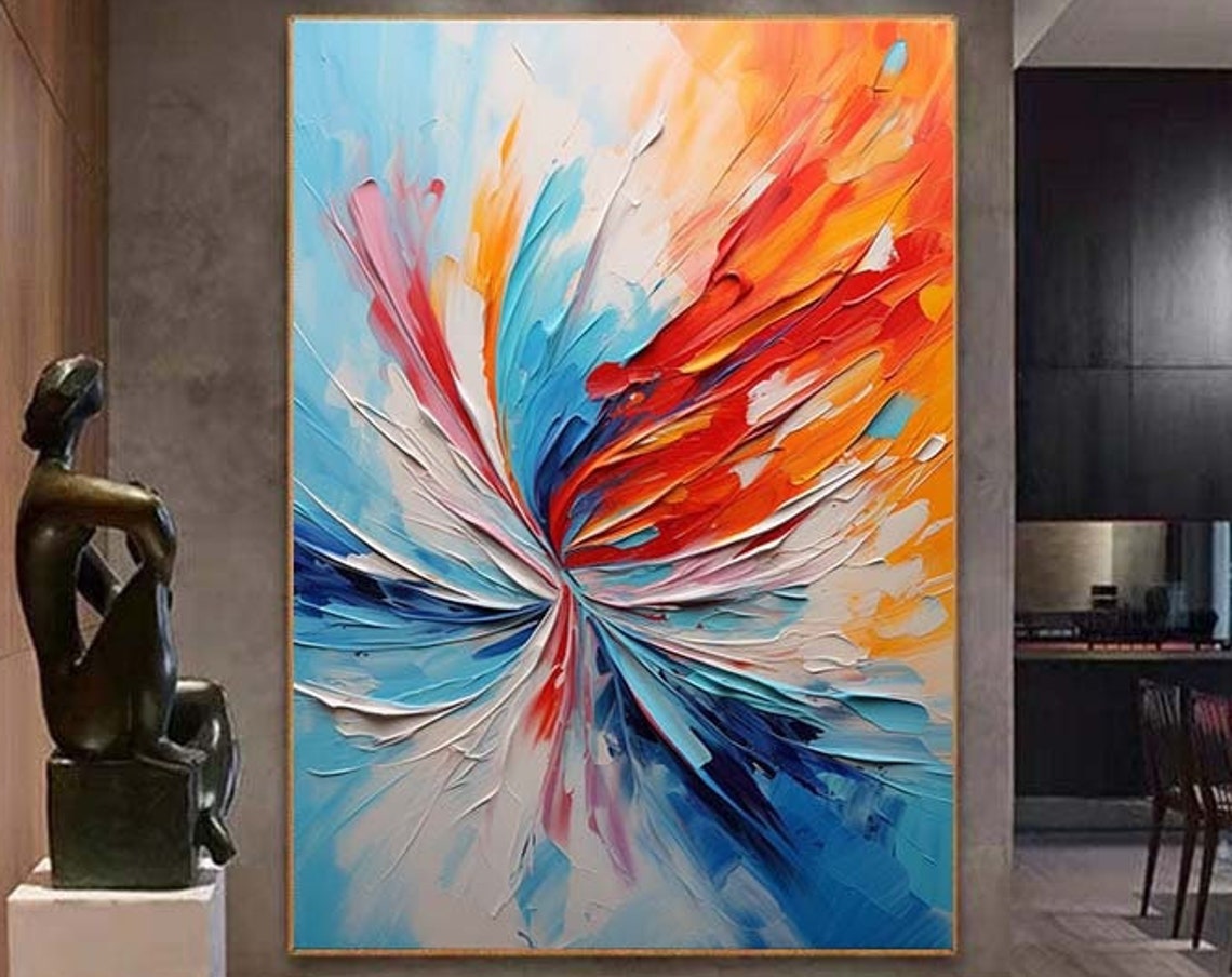Fiery Red Blue Radial Fan Abstract Burst Impasto Wall Poster