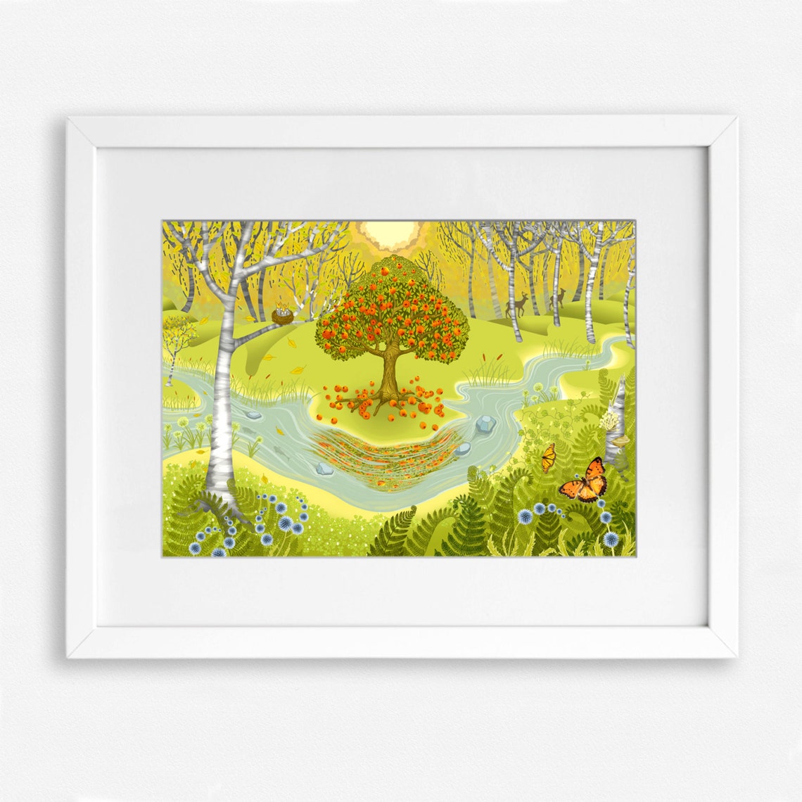Sunny Autumn Birch Forest With Berry Tree And River Landscape Poster - Image 3