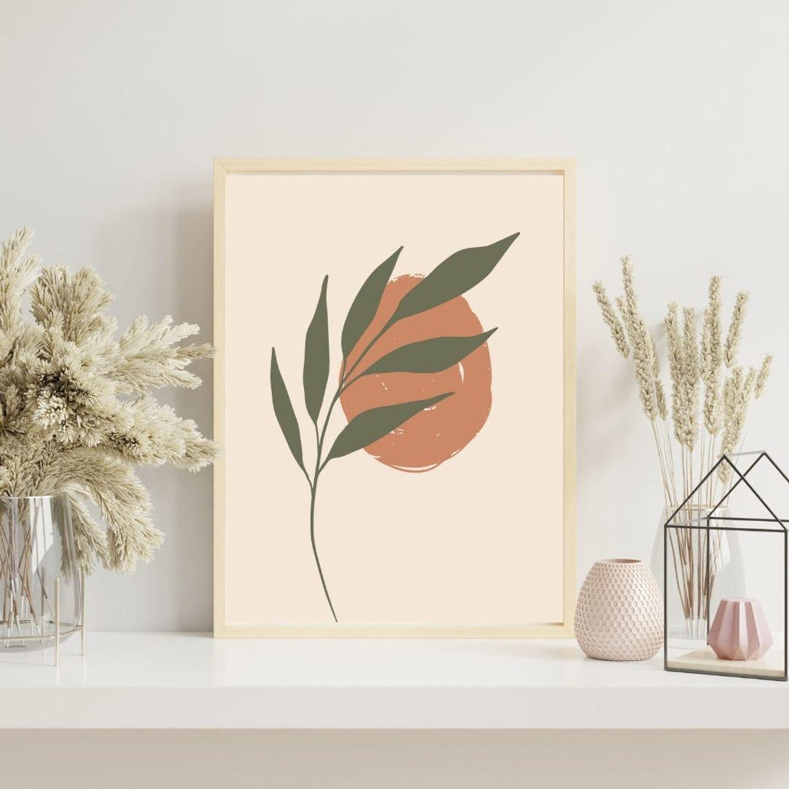 Boho Botanical Green Leaf Branch Terracotta Sun Neutral Wall Art