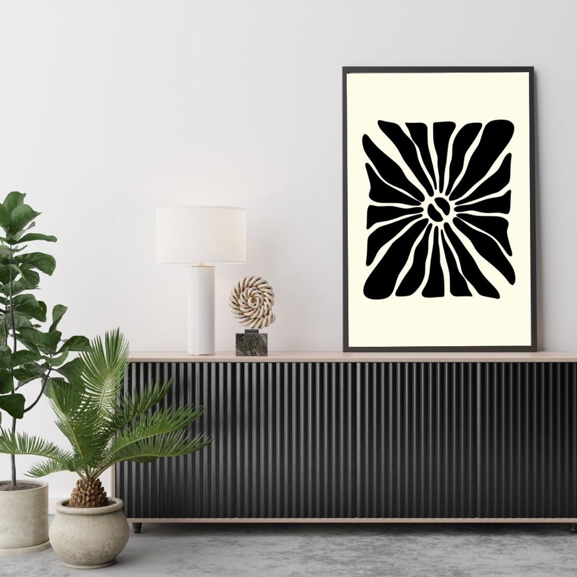 Black Radial Sunburst Flower Graphic Mid Century Abstract Wall Poster