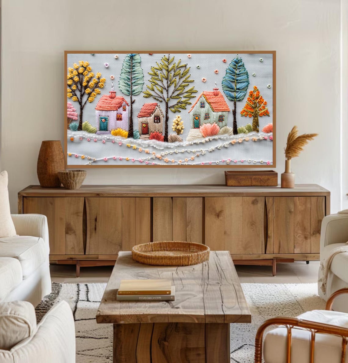 Embroidered Cozy Village Cottages 3D Textured Winter Art Poster - Image 2