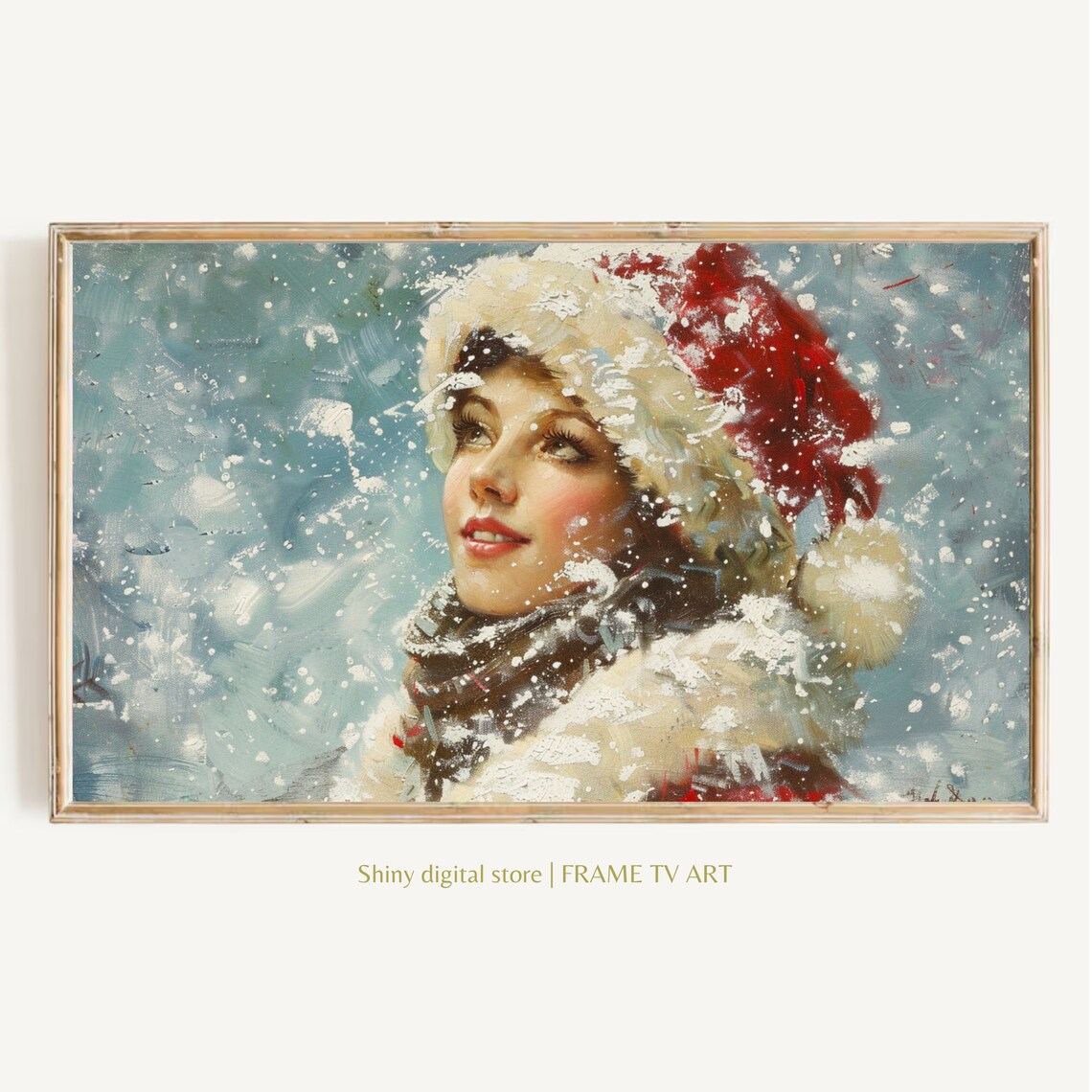 Vintage Woman Red Santa Hat Falling Snow Christmas Portrait Art Poster