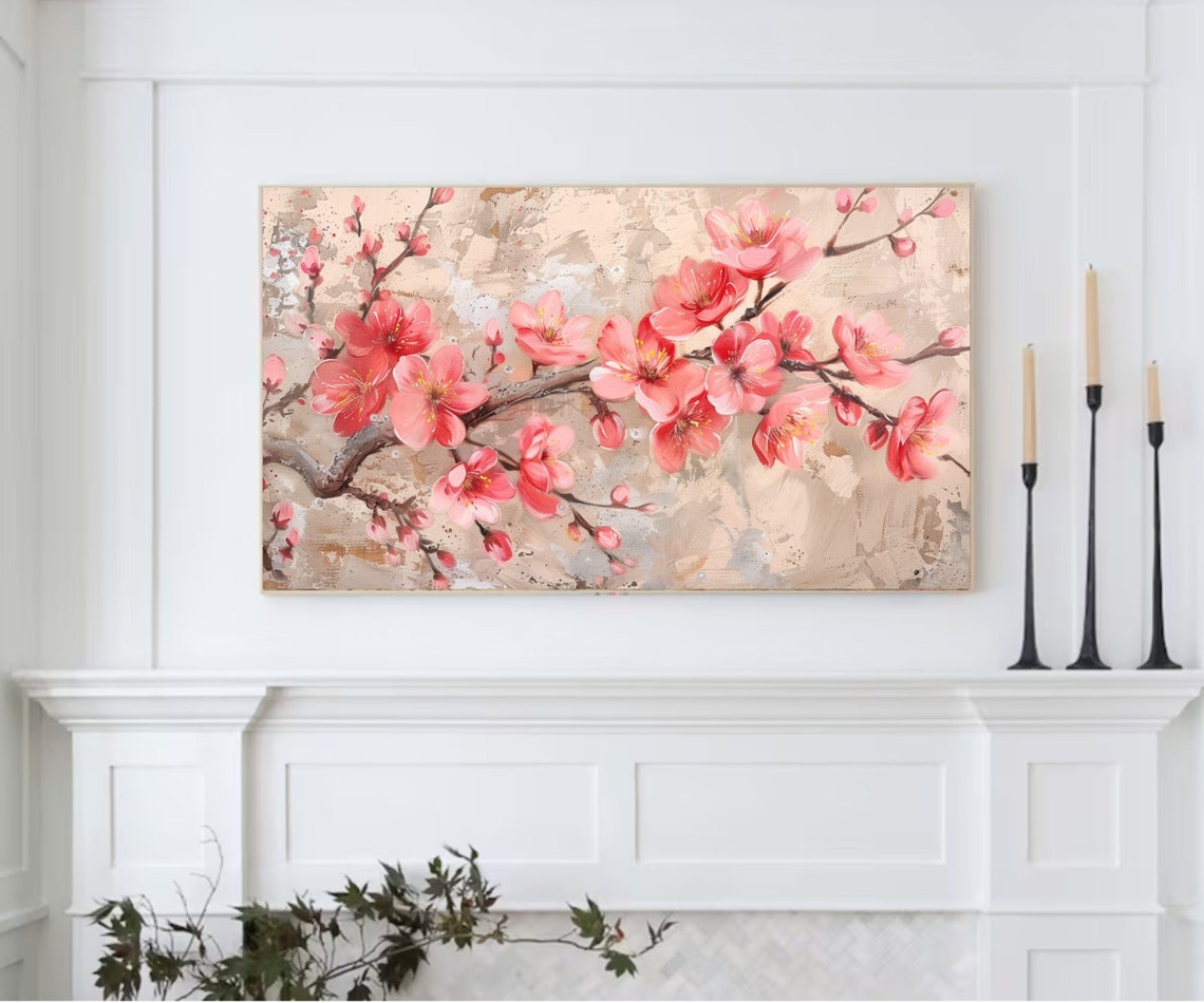Pink Cherry Blossom Branches Textured Botanical Spring Art Poster - Image 2